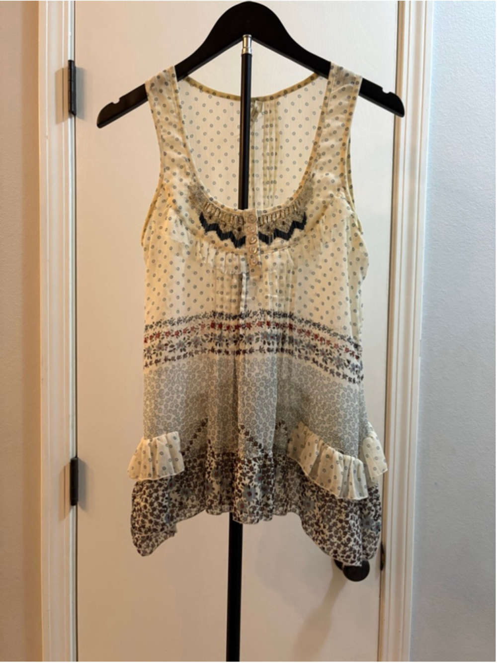 Willow & Clay Boho Mixed Floral Print Beaded Silk Ruffle Tank Top Sz S